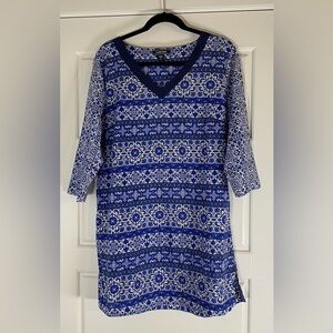 Lands’ End Deep Sea Majolica Blue White Print Tunic Top Dress Cover Up M/P 015